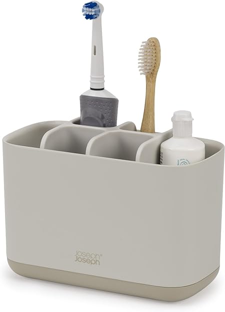 Joseph Joseph EasyStore- Porta Spazzolino e Dentifricio, Compatibile con Spazzolini Elettrici e Tradizionali, 6 Scomparti, Contenitore da Bagno Smontabile in Finitura Opaca- Grande, Beige