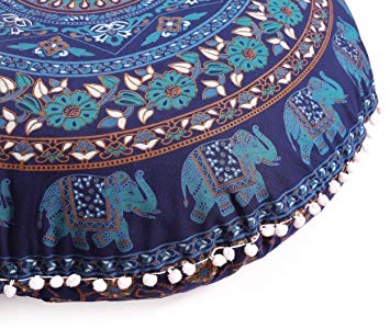 Popular Handicrafts Large Hippie Elephant Mandala Floor Pillow Cover - Cushion Cover - Pouf Cover Round Bohemian Yoga Decor Floor Cushion Case- 32" Chain Blue Tarquish