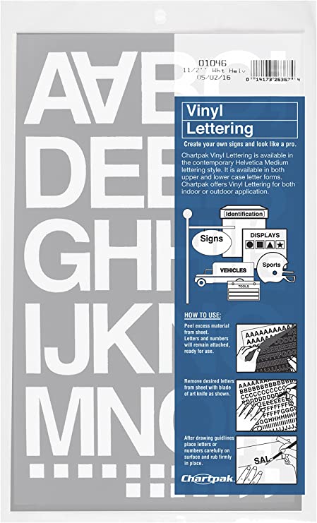 Chartpak Self-Adhesive Vinyl Capital Letters and Numbers, 1-1/2 Inches High, White, 45 per Pack (01046)