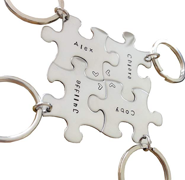 Hand Stamped Personalized Puzzle Piece Key Chain set of 4 - Best Friends Graduation Wedding Gift
