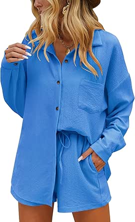 Ekouaer Women Pajama Sets 2 Piece Summer Lounge Sets utton Down Shirts and Casual Shorts with Pockets