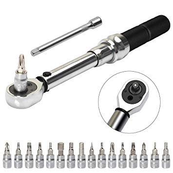 Bike Torque Wrench, 1/4 Inch Drive Torque Wrench Set 2 to 20 Nm Bicycle Tool Kit for MTB Mountain Road Bikes with Allen Key, Torx Sockets, Extension Bar (Black)