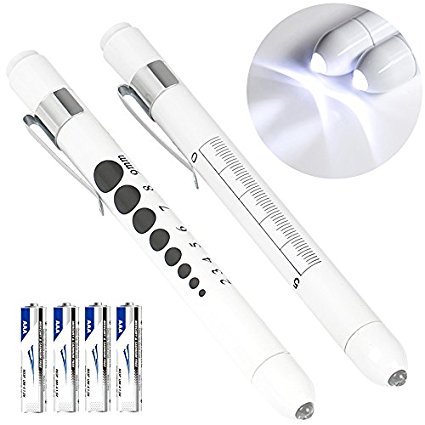 Kimilar 2 Pieces Nurse Penlight LED Medical Pen Light with Pupil Gauge for Nurses Students Doctors Stethoscope Healthcare with 4 Pieces Durable AAA Batteries, White Light