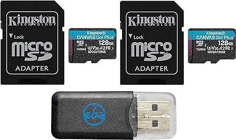 Kingston 128GB MicroSD Canvas Go Plus Memory Card (2 Pack) with Adapter Works with GoPro Hero 10 (Hero10) Class 10, SDXC (SDCG3/128GB) Bundle with (1) Everything But Stromboli MicroSD Card Reader