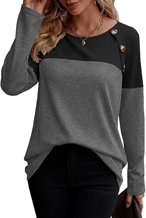 Zeagoo Women Waffle Knit Shirts Long Sleeve Colorblock Tee Button Detail Tunics