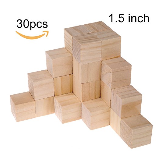 Supla 30pcs 1.5 Inch - Natural Solid Wood Square Blocks Wood Cube Blocks– For Puzzle Making, Crafts, And DIY Projects (30pcs)