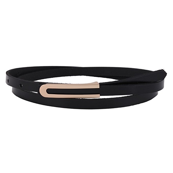Damara Women's Solid Thin Genuine Leather Skinny Button Dress Waist Belt