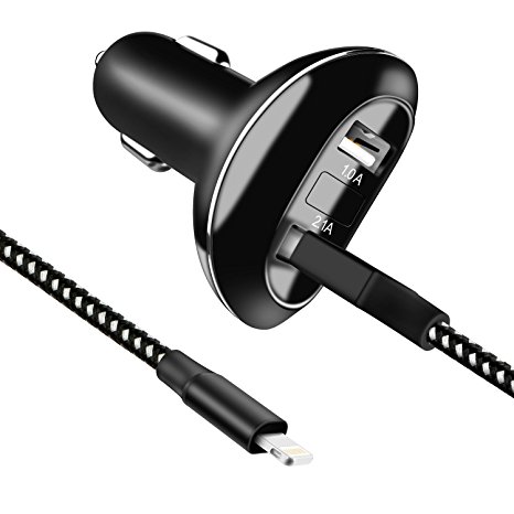 BULESK iPhone Car Charger, 24W Rapid Dual Port USB Car Charger Adapter With 3FT Lightning USB Cable Charging Cord for iPhone X 8 7 Plus 6S 6 SE 5S 5, iPad, iPod (BlackWhite)