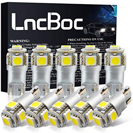 LncBoc 194 LED Light Bulb 6000K W5W LED Bulb 168 T10 LED Bulb White Wedge Super Bright 5-SMD 5050 ChipSets for License Plate Car Dome Map Door Courtesy Lights (Pack of 10)