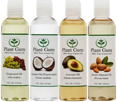 100 Pure Carrier Oil VARIETY-4 PACK- 4 Ounce Bottles--Fractionated Coconut Oil Grapeseed Oil Avocado Oil and Sweet Almond Oil