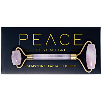 Luxury Rose Quartz Facial Roller by Peace Essential | 100% Natural & Authentic Gemstones | Detoxify + Glow | Anti-Aging Slimming Massage Tool | Smooth Face & Neck | Velvet Storage Bag (Rose Quartz)