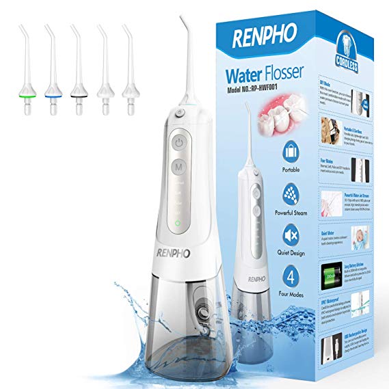 Water Flosser, Cordless Electric Oral Irrigator, 300ML Portable and Rechargeable Dental Teeth Cleaner for Travel & Home, RENPHO 4-Mode IPX7 Waterproof Flossers with 5 Jet Tips, Braces, and Bridge Care