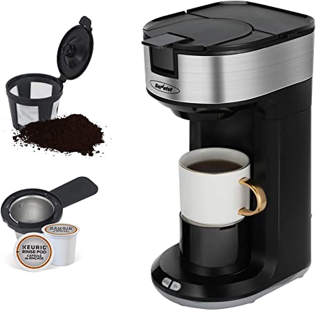 K Cup Coffee Maker for Capsule Pod Ground Coffee, Single Serve Coffee Maker with Permanent Filter 6-14oz Reservoir, Coffee Machine with Regulator One-Touch Button 1000W Fast Brew Auto Shut Off, Black
