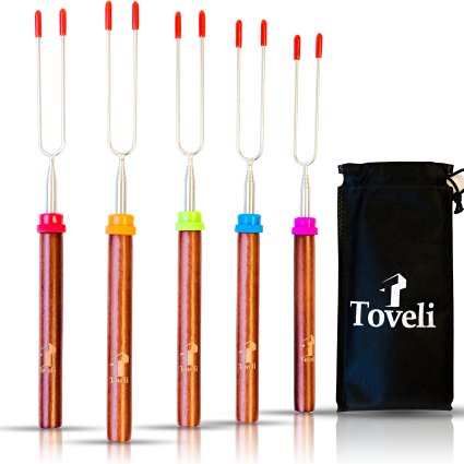 Toveli Marshmallow Roasting Sticks - Unique Telescoping Forks for Perfect Smores & Hot Dogs - Made of Wood & Stainless Steel - Set of 5 Campfire Skewers - Safe for Kids - FREE Bag & Ebook