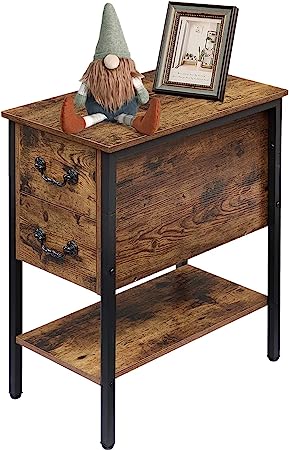 VECELO End Tables,Narrow Nightstand with Drawers and Storage Shelf,Modern Night Stand for Small Spaces, Living Room,Bedroom, Brown