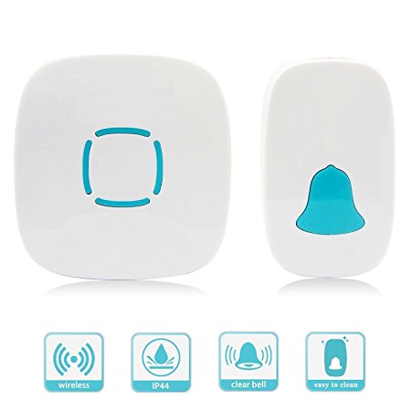 KUCAM Portable Wireless Doorbell Kit, 36 Chime Tones Operating at 1000ft/ 300m Range, IP44 Waterproof 1 Push Button (Battery Transmitter) with 1 Plug-In Door Chime (AC Receiver)