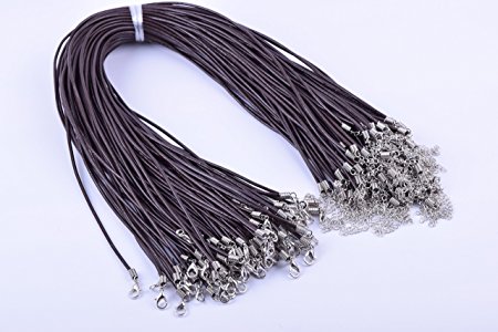 KONMAY 100pcs Brown Real Leather Necklace Cord 2.0mm/17'' with Extension Chain Lead&nickel Free
