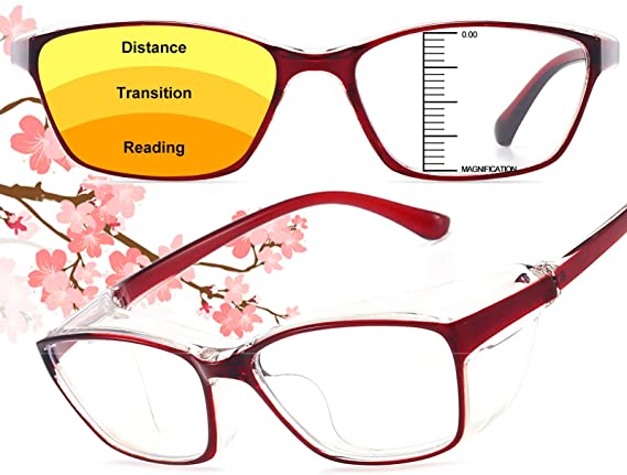 Progressive Safety Glasses with Readers 1.5 2.0 for women Men Bifocal safety Reading Glasses Goggles Eye Protection Anti Blue Light RED 2.0