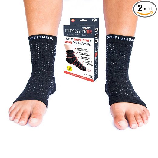 Compression Foot Sleeves by CompressionDR - Soothe and Relieve Tired Aching Feet and Symptoms of Plantar Fasciitis - Instant Arch Heel Ankle Achilles Support Black - Stop Suffering Order Today