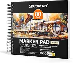 Shuttle Art Marker Pad, 8.3”x8.9” Portable Square Sketchbook, 80 Sheets Marker Drawing Paper, 120LB/200GSM Bleedproof Art Paper, Spiral-Bound, Great for Professional Artist to Draw, Paint & Sketch