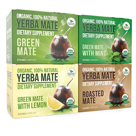 Organic Yerba Mate Tea Bags - Variety Pack - Mate Cocido - Organic Vitamin Packed Natural Detoxifier and Fat Burner - 4 boxes x 20 bags each box (2 grams per bag)