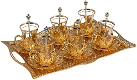 Turkish Tea Set for 6 - Glasses with Brass Holders Lids Saucers Tray Glass Spoons,25 Pcs (Gold)