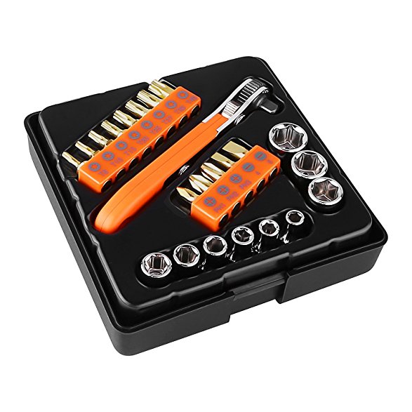 Tacklife HRSB1B Mini Ratchet Wrench Driver 23 Piece 1/4 inch Low Profile Screwdriver with 90 Degree Mini Offset Reversible Drive Handle, 13 Sizes Bit Sets, 9 Sizes Socket Sets