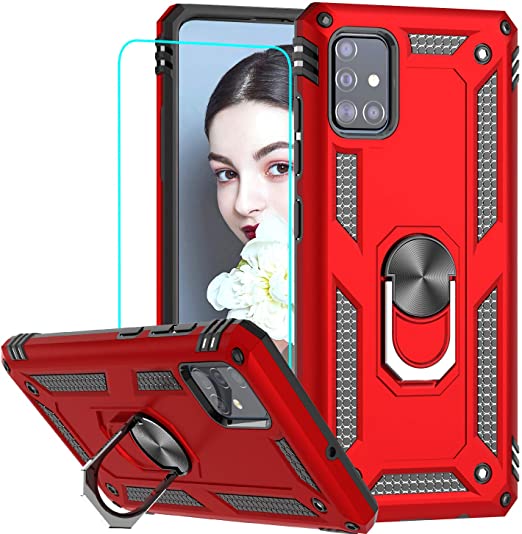 LeYi for Samsung A51 Case, A51 Phone Case with Screen Protector Ring Kickstand for Men Military Grade Bumper Hard TPU Heavy Duty Shockproof Full Body Silicone Protective Cover for Galaxy A51 Red