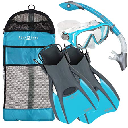 Aqualung Snorkel Set with Sport Diva 1 Lx Mask, Island Dry Snorkel and Trek Fin, Aqua Blue, Small