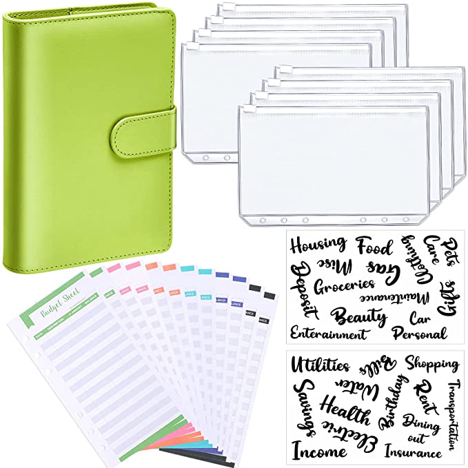 PU Leather Notebook Binder Budget Planner Organizer 6 Ring Binder Cover, 8 Pieces Binder Pockets, 12 Pieces Expense Budget Sheets and 26 Categories Letter Sticker Label (Light Green,Small,Cursive)