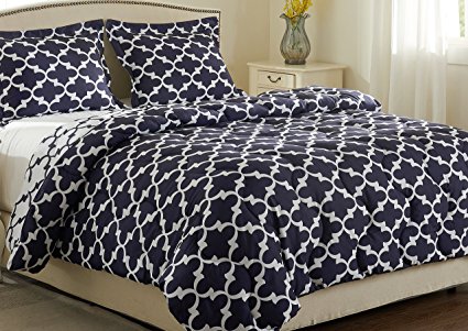 Millihome Printed Soft Brushed Microfiber Down Alternative Reversible 3-Piece Comforter Set with 2 Reversible Shams, Full/Queen, Navy