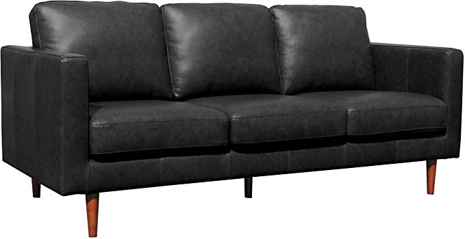 Rivet Revolve Modern Leather Sofa with Tapered Legs, 79.9"W, Black