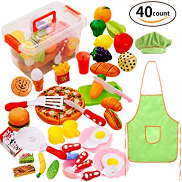 Play Food Set for Kids 40 Pieces Pretend Food Playset Kitchen Cooking Sets Toys for Educational Learning Fake Plastic Foods for Toddlers Kids Girls Boys Inspiring Imagination with a Storage Container