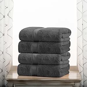 SUPERIOR Egyptian Cotton Pile Bath Towel Set of 4, Ultra Soft Luxury Towels, Thick Plush Essentials, Absorbent Heavyweight, Guest Bath, Hotel, Spa, Home Bathroom, Shower Basics, Charcoal