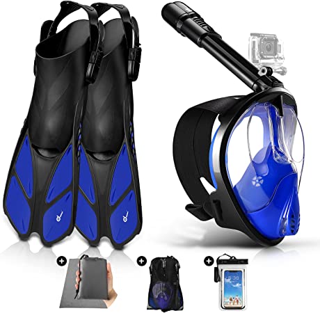 Odoland 5-in-1 Snorkeling Packages, Full Face Snorkel Mask with Adjustable Swim Fins and Lightweight Backpack and Waterproof Case