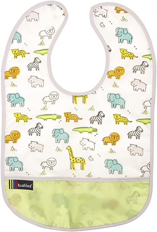 Kushies Cleanbib Waterproof Feeding Bib with Catch All/Crumb Catcher pocket. Wipe clean and reuse! Lightweight for comfort, Baby Boys and Girls, Unisex, 6-12 Months, White Little Safari