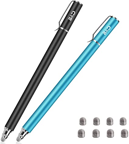 Bargains Depot Universal Stylus Pens for Touch Screens- New 5mm High-Sensivity 2-in-1 Fiber Tip Touchscreen Pen for All Tablets & Cell Phones with 8 Extra Replaceable Tips(2 pcs, Black/Blue)