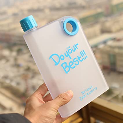 Ducomi Portable Water Bottle in Transparent Food PVC - 380 ml - Transparent Hip Flask Innovative Design Ultra Flat with Visible Content with Eyelet for Hanging on Bag or Backpack (Light Blue)