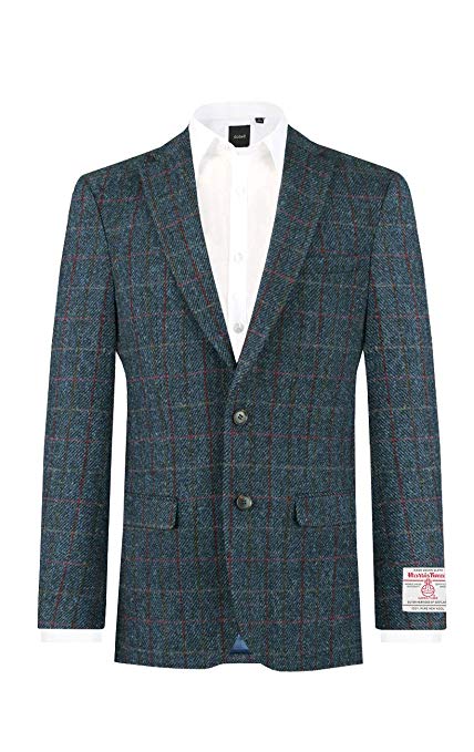 Scottish Harris Tweed Mens Dark Blue Windowpane Check Tweed Jacket Regular Fit 100% Wool Notch Lapel