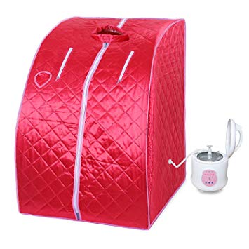 KUPPET Portable Folding Steam Sauna 2L One Person Home Sauna Spa for Full Body Slimming Loss Weight w/Chair, Remote Control, Steam Pot, Foot Rest, Mat (Red)