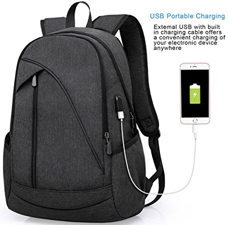ibagbar Water Resistant Laptop Backpack with USB Charging Port Fits up to 15.6-Inch Laptop and Notebook Black