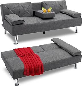 VECELO Modern Convertible Folding Futon Sofa Bed with Removable Armrests Breathable Linen Recliner Couch for Living Room/Apartment Lounge, 2 Cup Holders, Dark Grey