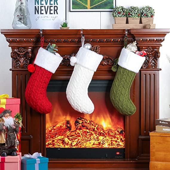 Moonet 18inch Christmas Stocking,Ivory White & Burgundy Red & Christmas Green,Wool Knit Stockings Christmas Decoration 45cm 3pcs