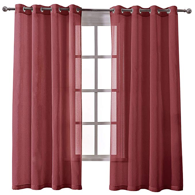 DWCN Amaranth Red Sheer Curtains Living Room Curtains Faux Linen Look Voile Drapes Grommet Top Window Curtain Panel 52 x 84 inches Long,Set of 2 Panels