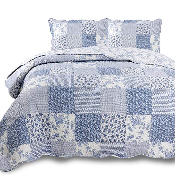 Kasentex Country-Chic Printed Pre-Washed Set. Microfiber Fabric Design. King Quilt   2 Shams. Multi-Blue