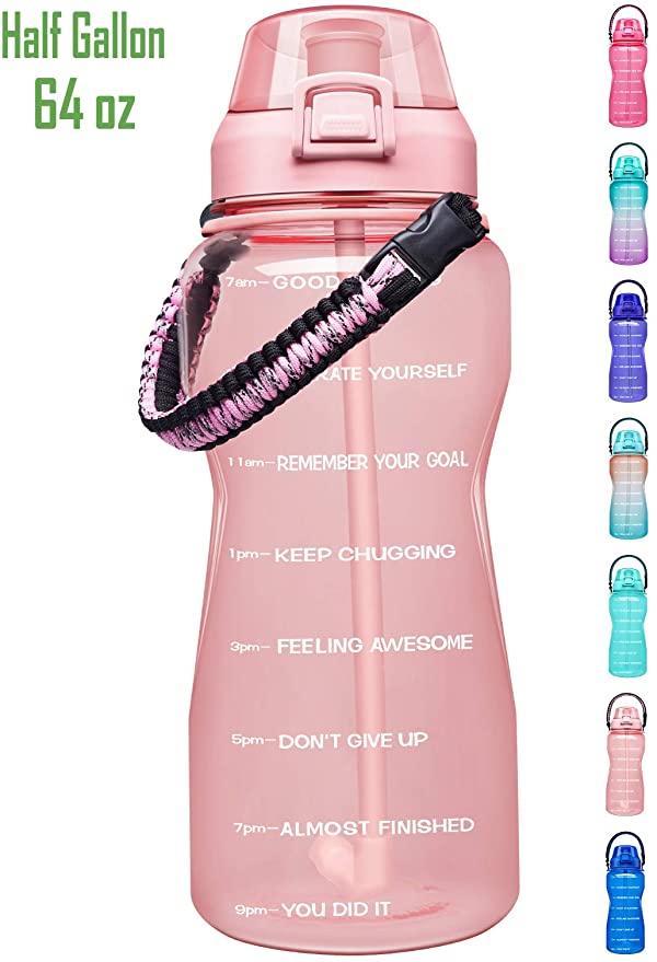 Giotto Large Half Gallon/64OZ Motivational Water Bottle with Paracord Handle & Straw - Leakproof Tritan BPA Free Fitness Sports Water Jug with Time Marker to Ensure You Drink Enough Water Daily