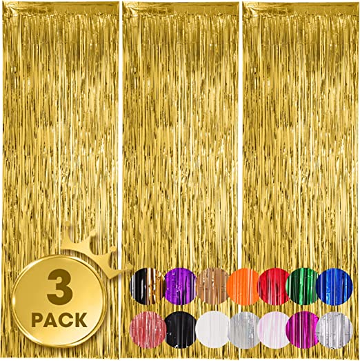 Voircoloria 3 Pack 3.3x8.2 Feet Gold Foil Fringe Backdrop Curtains, Tinsel Streamers Birthday Party Decorations, Fringe Backdrop for Graduation, Baby Shower, Gender Reveal, Disco Party