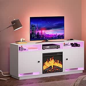 HOOBRO Electric Fireplace TV Stand with LED Lights and Power Outlets, White TV Console for 32" 43" 50" 55" 65", Entertainment Center with Storage and Adjustable Glass Shelves, White WT88UDDS01