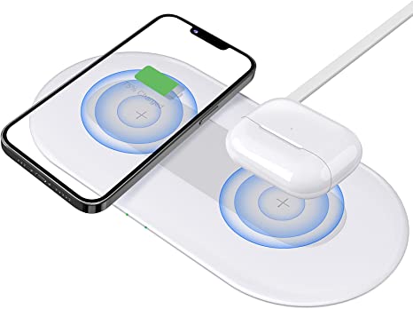 TopMade Wireless Charger, 2 in 1 Dual Wireless Charging Pad Qi-Certified 10W Max Fast Wireless Charge Station Stand for iPhone 12/12 Pro/Max/11/Pro/XS/8P,Galaxy S2/S20/S10/S9/S8/Note 8, Airpods