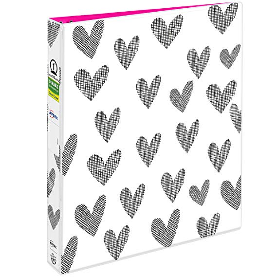 Avery   Amy Tangerine Designer Collection Binder, 1” Round Rings, 175-Sheet Capacity, Hatchmark Hearts (28320)